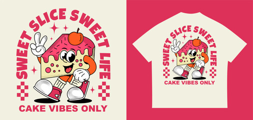 Vintage slice cake cartoon character in a cute and colorful style with cheerful mascot design. Perfect for t-shirt designs, stickers, and more. Vector illustration