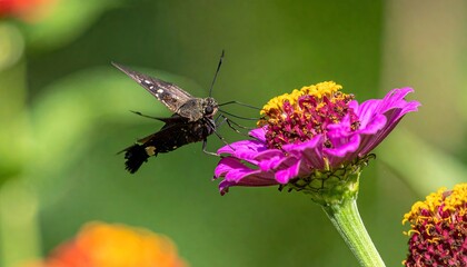 Fototapeta premium A dark butterfly with patterned wings hovers near a vibrant pink zinnia flower, extending its proboscis.