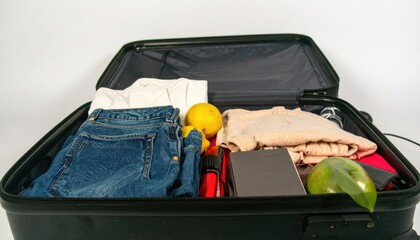 An open black suitcase filled with clothes, a lemon, mango, red pouch, and a gray tablet.