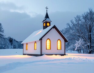 Small chapel in snowy landscape, warm light from windows, peaceful atmosphere, ultra realistic, 8K
