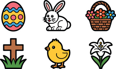 Springtime Icons Vector Set Featuring Egg, Bunny, Basket, Cross, Chick, and Lily Designs