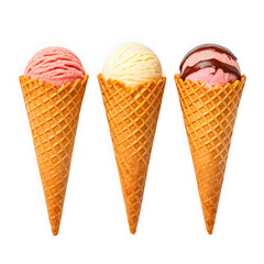 Three delicious ice cream cones isolated on transparent background