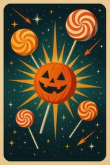 Halloween retro futurism artwork features a rocket stage releasing pumpkin-shaped candy pods that rain assorted sweets onto the curved blue surface of Earth from orbit