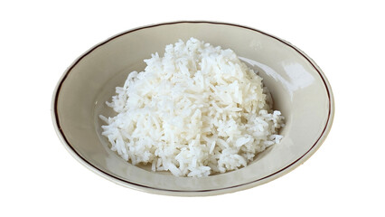 A serving of fluffy steamed white rice in a beige bowl, isolated on white background, ready to be served as a meal staple