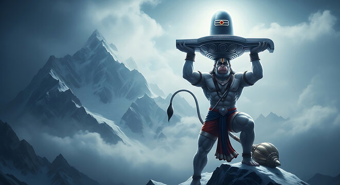 Hanuman lifting Shiva Lingam on snowy mountain peak