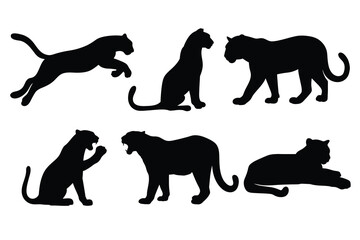 Silhouette Set of Black Panthers in Various Poses Isolated on White Background