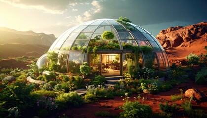 Obraz premium A geodesic dome greenhouse with plants inside and outside sits on red, rocky terrain under a sunset sky.