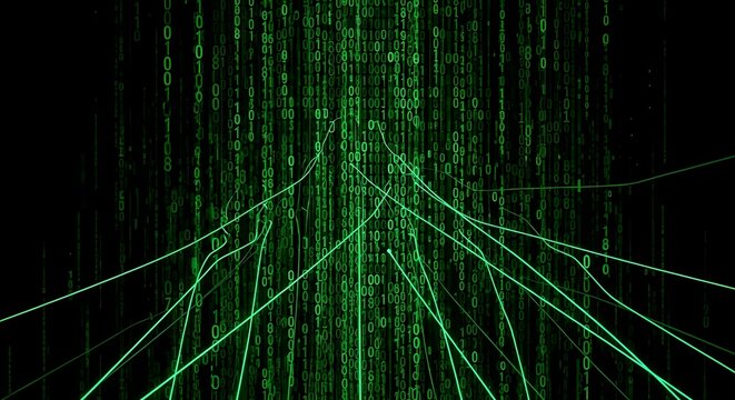 Green binary code cascading down with neon lines intersecting in a dark digital space