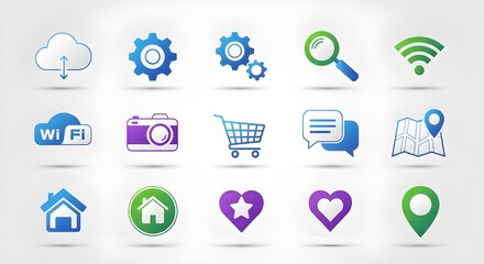 Collection of colorful vector icons representing various symbols and functionalities online and offline