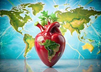 Anatomical heart with world map and green plants, symbolizing global health and environmental care