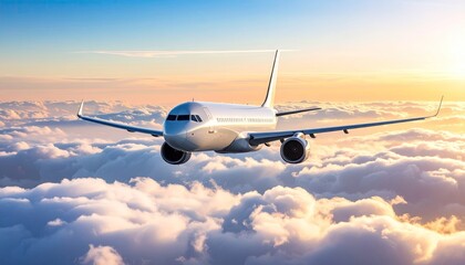Obraz premium A white passenger airplane flies above a layer of white clouds during a sunset.