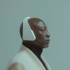 Profile portrait of man wearing futuristic white headphones, dressed in modern beige coat and black turtleneck, minimal tech fashion concept
