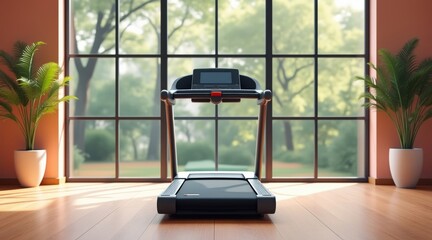 Modern treadmill in a bright room with large windows and plants