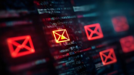 Abstract digital illustration featuring glowing red email icons against a dark background, representing communication and technology.
