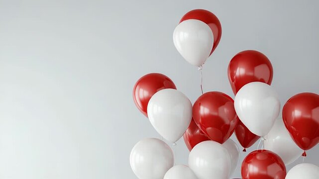 Red and white balloons floating on light grey background