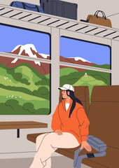 Travel by train. Woman passenger sitting by window, looking at mountain landscape view. Female tourist with bags, railway journey, railroad trip, adventure through nature. Flat vector illustration