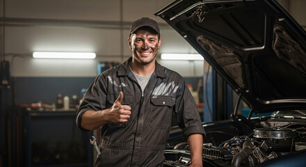 Smiling mechanic gives thumbs up, standing near a car with open hood, in a garage.