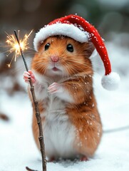 Cute happy hamster in a Santa hat holding a sparkler in his paw on a plain red background with copy space