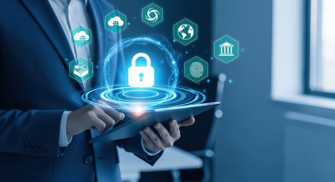Businessman Using Tablet with Cyber Security Interface: Data Protection, Encryption and System Access