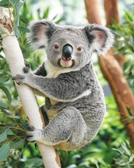 Obraz premium Adorable koala clinging to a tree trunk, surrounded by green leaves