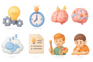 Creative process icons in 3d cartoon style with bulb, brain, and artistic elements