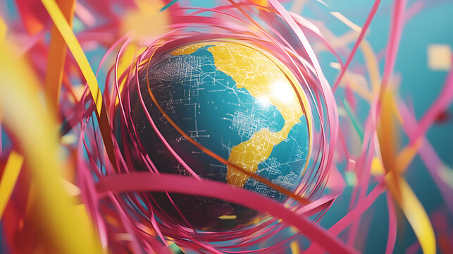Vibrant globe with colorful ribbons swirling, symbolizing global connection and celebration. - Powered by Adobe