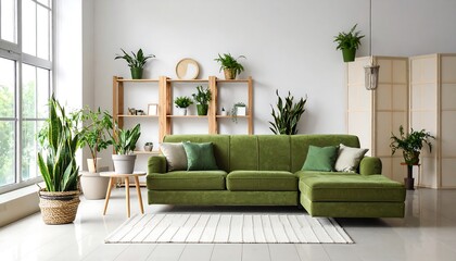 Cozy green living room with plants and sunlight with modern home interior.