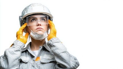 female worker checking PPE compliance before entering hazardous zone, white background
