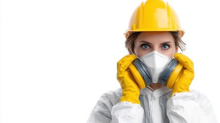 female worker checking PPE compliance before entering hazardous zone, white background