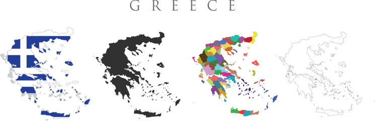 Set of isolated Greece maps in original, silhouette, colourful proportions and outline. Greece flag overlaid with flag proportions. Maps and traveling around the world
