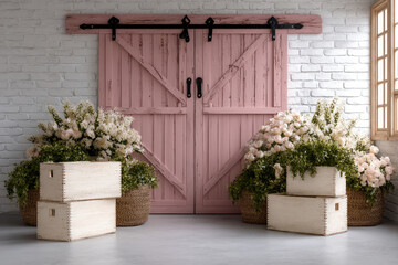 Pink barn door white brick wall woven basket blooming flower wooden crate spring rustic interior natural decorative