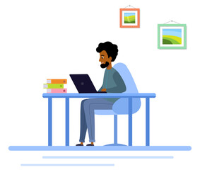 programmer.  african american young man sits at a table and works on laptop. workspace in office person working at computer. Vector illustration
