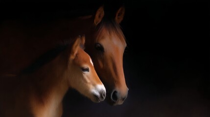 Fototapeta premium Intimate moment between two horses in soft focus. The warm colors lend a gentle atmosphere. Perfect for equine art lovers, this image captures connection. Emotional, serene, and beautiful. AI
