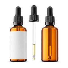 Amber glass cosmetic dropper 50ml bottle isolated. 3D rendering illustration. Transparent PNG image.