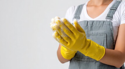 factory worker sanitizing hands before shift, hygiene and safety routine, white background