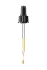 Glass pipette or droppers with drop of serum isolated. 3D rendering illustration. Transparent PNG image.