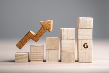 Wooden blocks forming a bar graph with an upward trend arrow