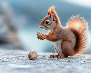 Alert red squirrel holds a nut, with bushy tail and bright eyes