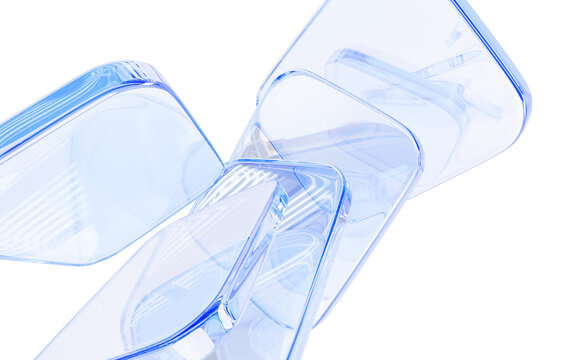 3d glass transparent square shapes flying on blue background. Abstract geometric clear rectangle plates, crystal glossy blocks with prism light refraction. Render digital tech banner