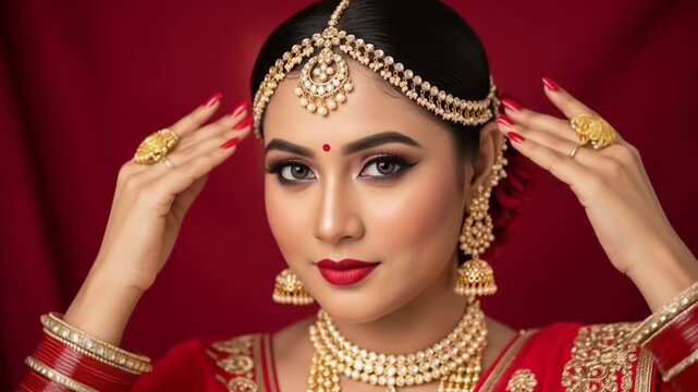 Beautiful indian bride in gold jewelry posing against a red backdrop suitable for wedding designs and cultural themes.