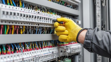 electrical safety inspection by technician in gloves, testing panel, isolated on white