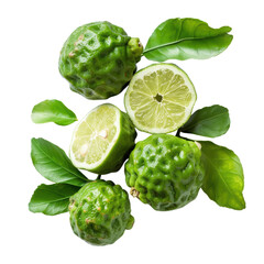 Fototapeta premium A group of fresh green bergamot fruits with leaves and a sliced bergamot on a black background