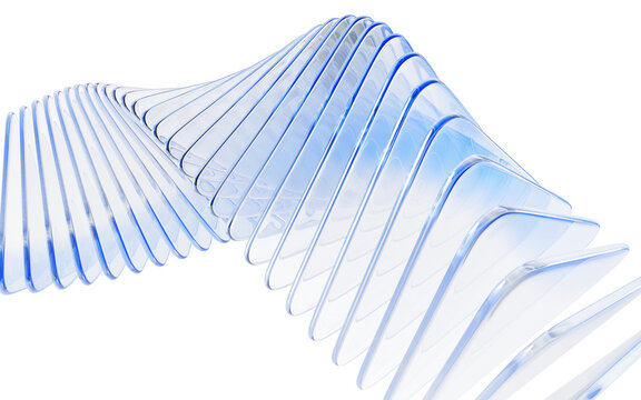 Abstract light blue 3d background with glass transparent square plates row. Crystal gradient curve wave line pattern. Futuristic architecture design, render digital tech banner
