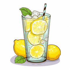 Refreshing lemonade drink with slices of lemon and ice in a glass served with a mint leaf decoration