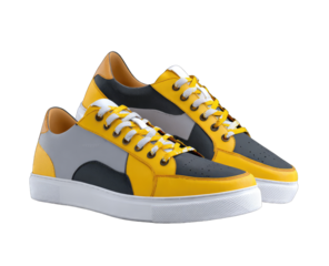 Pair of yellow sneakers with gray and dark gray accents