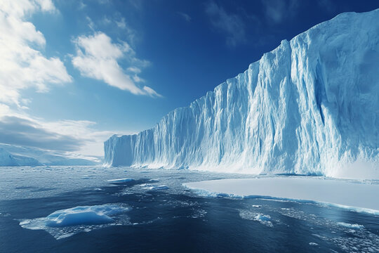 Majestic towering ice wall and glacial formations under a bright blue sky