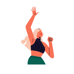 Happy girl dancing with arm, hand up. Young woman celebrating at festive holiday party. Joyful excited energetic female, celebration and fun. Flat vector illustration isolated on white background