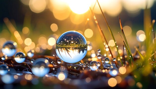 Crystal ball reflecting nature at sunrise with dew drops with bokeh effect.