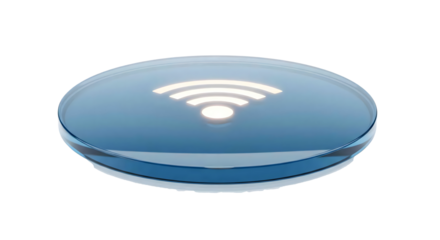 Stunning glowing WiFi symbol embedded in sleek modern blue transparent glass disc, representing connectivity and technology.