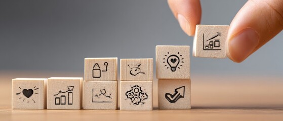 Hand placing a wooden block with a growth chart symbol on a stack of blocks, each with a different business icon